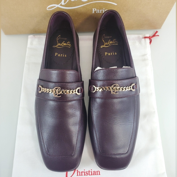 NWT$1095 Louboutin MJ Moc Brown Leather Chain Red Sole Flat Loafers Sz 36.5, 6.5 - Picture 2 of 16